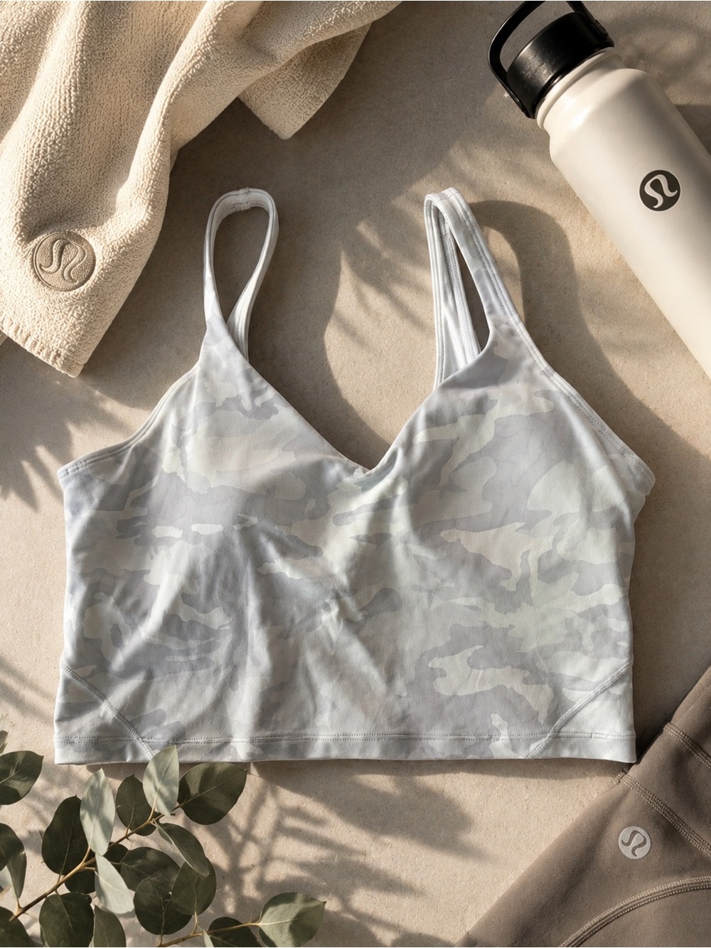 Lululemon White Grey Camo Longline Sports Bra Size 12 Yoga Pilates Athleisure